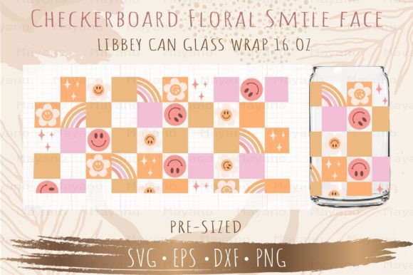 Checkerboard Floral Smile Face Can Glass