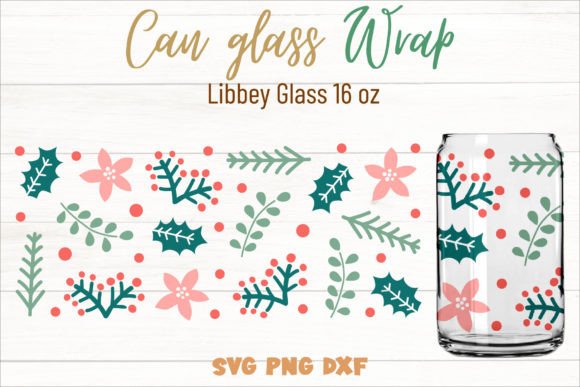 Floral Christmas Can Glass 16oz SVG