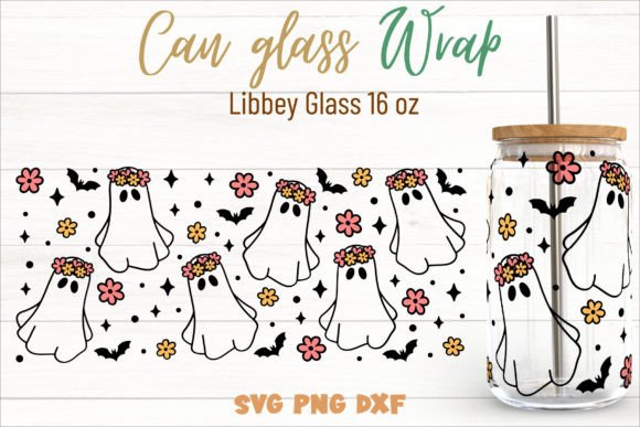 Floral Ghost Can Glass 16oz SVG