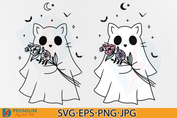 Floral Ghost Cat Halloween SVG, Boo PNG