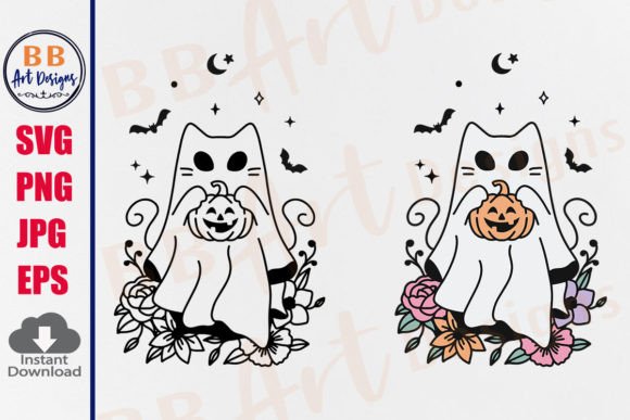 Floral Ghost Cat Halloween SVG, PNG