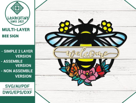 Multi-Layer Assemble Floral Bee Sign SVG